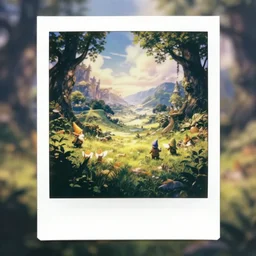 polaroid of a fantasy world with elves and gnome, wonderul lighting, volumetric, bucolic