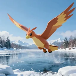 Pokemon Articuno flying above a frozen lake. High quality.