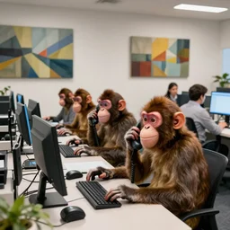 2 5 monkeys using computers, in a well lit office, happy monkey faces, ( ( modern paintings on the walls ) ), photorealistic, studio lighting, stock photo, a real buzz, very busy office, telephones ringing and people chatting