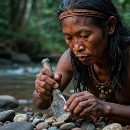 a ultra high resolution close - up of beautiful asian prehistoric people make stone adze from pebble at the river bank in the rainforest, high qulity realistic face, hyper - realistic, highly detailed, 8 k, cinematic lighting, global illumination, elegant, ornate, super detail, the light is dim, and the colours are muted. kodak etkar 1 0 0