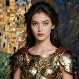 close - up portrait of beautiful model dressed gladiator with metallic armor, art by gustav klimt andmoebius