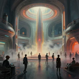 interior portrait of a scifi spacestation many people busy, colorful, modern art deco, mads berg, karolis strautniekas, christopher balaskas, stippled light, fog, moody, fine texture, editorial illustration, dramatic lighting, dynamic composition, detailed, matte print, dynamic perspective, muted color, void, sacred geometry