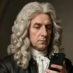 isaac newton using a smartphone, very detailed face