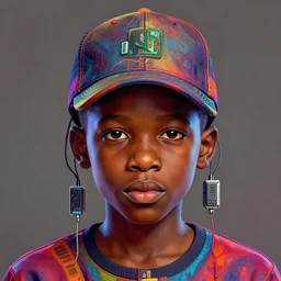 colourful caricature - vfx art - portrait of a nigerian boy wearing a baseball cap with wires and computer chips dangling from inside, art style by james jean & hsiao - ron cheng, character concept art, digital illustration, sharp, intricate detail, volumetric light, ray tracing, symmetric, unreal engine render, behance, artstation, pinterest,
