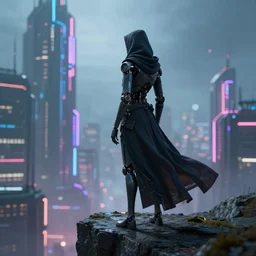 a tall, skinny robot wearing a dark flowing robe and a hood, standing and staring out over a tall cliff, a futuristic city in the background, glowing neon lights, cyberpunk, 8 k, unreal engine render, highly detailed