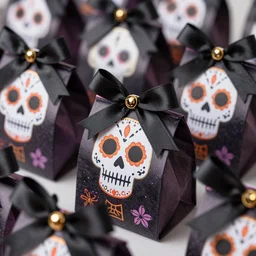a close up photo showing a set of party favors, fun bags, loot boxes, with the theme of the day of the death, birthday party celebration, day of the dead themed birthday party favors, gifts, party favors, closeup photo realistic, hyper realistic, detailed, sharp, focused, focused, detailed, sharp, instagram, influencer, 8 k resolution, hyperrealistic, octane render