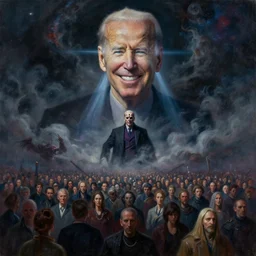abstract obscure painting of giant Joe Biden grinning emperor of the world emerging in dark clouds, Sidious, immense crowd of varied people, cosmic horror , trending on ArtStation, masterpiece, by Greg Rutkowski, by Ross Tran, by Fenghua Zhong, octane, lightbeam eyes, soft render, clear facial features, oil on canvas, moody lighting, cinematic, professional detailed environmental concept art