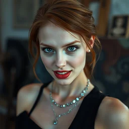 a portrait photograph of a crazy beautiful young woman painter in her studio with vampire fangs, wearing a black dress and silver necklace, copper brown hair, dark blue eyes, dof, sharp focus, slight smile, pale, highly detailed face, symmetric face, realistic iris, cinestill 8 0 0 t, exif, raw, photography by paolo roversi