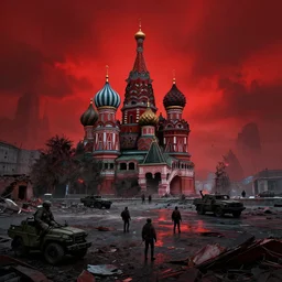 ruins of cyberpunk moscow, battle of demons and military, red dim horizon