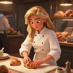 animation still frame of an attractive female baker ( long dark blond hair ) crafting a croissant, high angle closeup portrait, ( ( wholesome, ) ) blurry background of the boulangerie of a highend workship, disney, pixar, bloom, medium shot, waist up, dramatic lighting, in the style of studio ghibli, j. c. leyendecker