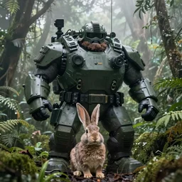 photograph by discovery channel! full shot!!!!! swat armored hulked oversized barbarian rugged rabbit!!!, fog, in deep jungle forest jungle, overcast!!! cinematic focus, polaroid photo, vintage, neutral colors, soft lights, overcast, foggy, full shot by steve hanks, by serov valentin, by lisa yuskavage, by andrei tarkovsky