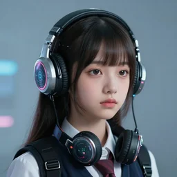 2070 photorealistic portrait of cute cyber punk high school girl, she is wearing heavy complicated future headsets. award winning, taken by canon 5d mk4, art lens, perfect lighting, hollywood, sci-fi
