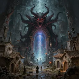 a demonic magical ethereal portal to hell. in a medieval fantasy mediterranean town. matte painting by eddie mendoza and eytan _ zana