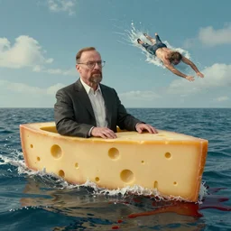 Saul goodman in a boat made out of cheese floating in the sea of blood while walter white tries to swim