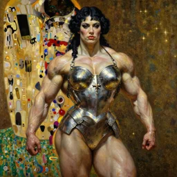 highly detailed oil painting of beautiful thick muscular female bodybuilder mai shiranui as adepta sororita in skimpy armour, very intricate, cinematic lighting, award - winning, the good spirit of god, by roberto ferri, by tom bagshaw, by j. c. leyendecker and klimt, beautiful cinematic light, american romanticism, by austin osman spare, art