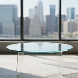 clean glass table overlooking blurred new york city skyline on a sunny day, zen minimalist clean