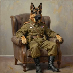 a oil painting of a anthropomorphic german shepherd beast - man, wearing military outfit, sitting on an armchair