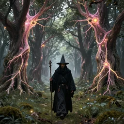 an dark wizard of old walking through an open field with his staff in a beautiful forest of ancient neurons and pink and yellow glowing synapses running through the forest, huge incredibly immense trees, highly detailed, hyperrealism, cgsociety, 8k, ancient forest like fanal forest, misty forest, realistic painting, sharp image, hyper realistic art, cinematic, art by konstantin razumov, chiaroscuro