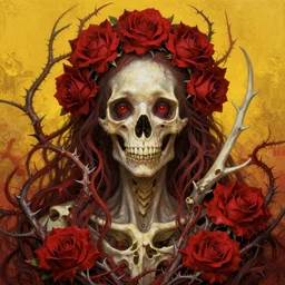 terror of the deep, ominous ethereal portrait, fantasy, intricate rose thorn designs, bones, elegant, highly detailed, sharp focus, vivid colors, art by artgerm, greg rutkowski, rossdraws and lois van baarle, yellow red scheme
