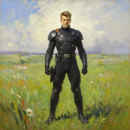 oil painting of tracer overwatch in a field of grass wearing black uniform, in style of ivan aivazovsky, full body