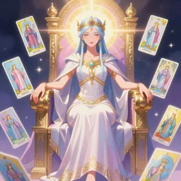 a mystical woman priestess sitting on a throne, the divine feminine, drawn by studio UFOTABLE, psychedelic, pastel colors, Tarot cards. The empress tarot card, detailed, anime