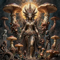 detailed ultrarealistic photography of industrial postapocalyptic organic rustic robust tribal fungi from yuggoth girl, craig mullins, vallejo, moebius, ian miller, wayne barlowe, greg rutkowski, mucha, brian froud, cinematic, full shot, symmetric