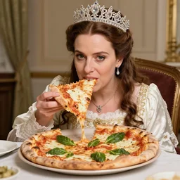 a beautiful historical photo of royal queen margherita of savoy eating a pizza margherita, regency, intricate detailed tiara, pearl necklace, black and white photo, sharp focus, smooth lighting