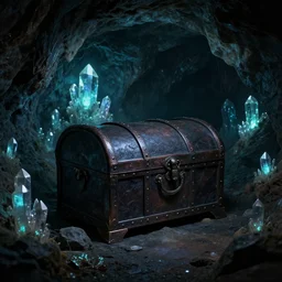 a dark treasure chest in a dark cave with glowing crystals on the walls, no humans, by julie bell