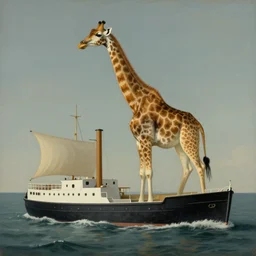 a giraffe on a ship at sea, surreal painting by rene magritte