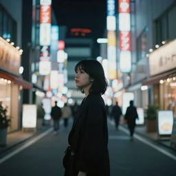 a dramatic colorful fujifilm photograph of a young japanese girls silhouette standing in the middle of a tranquil nighttime tokyo street with neon signs