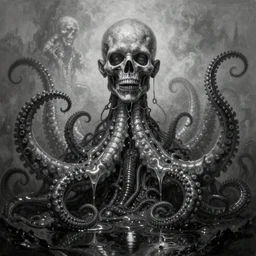 ultra realist soft painting of the world of Lovecraft, gigantic oily tentacles, very intricate details, ultra dense fog, golden ratio, volumetric black and white lighting, reflections, refractions, symmetry accurate anatomy features, octane render