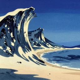 French west beach with a blue sky in Hokusai style