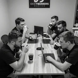 photorealistic picture of 5 guys playing counter strike in small room in a team called okayboomers raging and drinking coffee, russia, diversity, grayscale, masterpiece