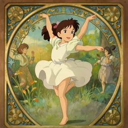well - lit art nouveau portrait of a 1 3 - year old girl dancing, natural lighting, path traced, highly detailed, high quality, cartoon, digital painting, by don bluth and ross tran and studio ghibli