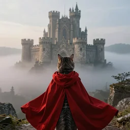 a cat knight with red cape facing towards a formidable castle in the distance, fog, beautiful, fantasy, hyper realistic, dramatic lighting, cinematic, 35mm lens, 8k,