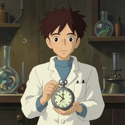 studio ghibli dull colors interior simple portrait cartoon from close encounters of the third kind 1 9 7 7 of a young skinny grey pocketwatch scientist in a laboratory snake bubble.