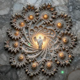 a beautiful 3 d painting of a sprawling intricate fractal populated by mandelbrot fractals by android jones, unreal engine, soap carving, volumetric lighting, dynamic lighting, dramatic lighting, high contrast, concept art, carved marble, opalescent, sacred geometry, religious, angelic, magic realism, catholicpunk, stark, trending on artstation