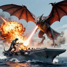 a gigantic gyaos bird, a monstrous bat like creature from the gamera movies, shoots a laser at an american aircraft carrier, destroying it in a huge explosion, kaiju, gamera vs gyaos, cinematic
