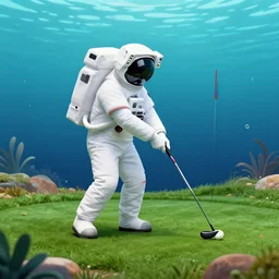an astronaut under the ocean play golf