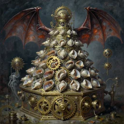 oil painting nightmare macerated epic tiered waving mollusks gear bay box machinery bat winged 2 0 degree yaw, cinematic, fine art, ornate masterpiece, hyper detailed by shigeru komatsuzaki
