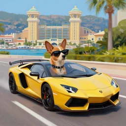 a painting of a hipster dog driving a lamborghini in monte carlo, in the style of greg rutkowski