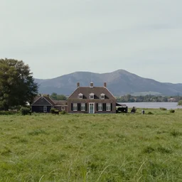 still frame from a wes anderson movie of a meadow with a dutch colonial house with a river and mountains, at dusk with the milky way stars, 1 6 mm f 1. 4 lens, nikkor, canon, sigma, award - winning landscape photography