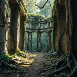 beautiful abaondoned ruins with overgrown vines roots, post apocolypse sharp focus greg rutkowski, lisa frank