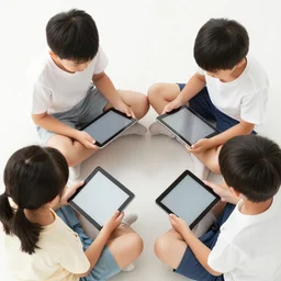 four asian kids sitting around each holding a digital tablet, top down view, ink art, ink illustration, black and white, intricate illustration, detailed, top down view
