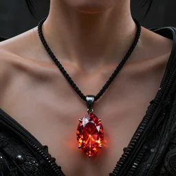 a black necklace with a fiery red diamond pendant, Unreal 5, DAZ, hyperrealistic, octane render, RPG portrait, dynamic lighting