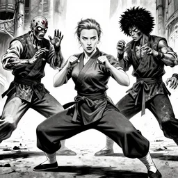 scarlett johansson, symmetrical, kung - fu master fights zombie, scene by david finch, black and white, afro samurai manga style