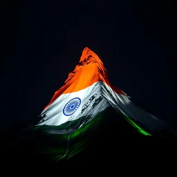 a photo at nighttime of a powerful llumination of the matterhorn in the colors of indian flag, orange top, white middle, green base. projected illuminated on the matterhorn mountain at night