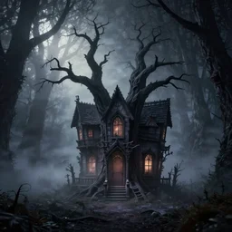 fun strange darkness house, dead tree, inspired by Tim Burton, (by Tim Burton) dark forest background, mist, fog, volumetric lighting