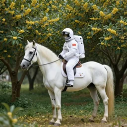 an astronaut rode a white horse in a forest of osmanthus, surrealistic style