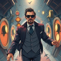 character environment design, arrogant elegant man travels through time via steampunk portals, pixiv fanbox, dramatic lighting, maximalist pastel color palette, splatter paint, pixar and disney exploded - view drawing, graphic novel by fiona staples and dustin nguyen, peter elson, alan bean, wangechi mutu, clean cel shaded vector art, trending on artstation